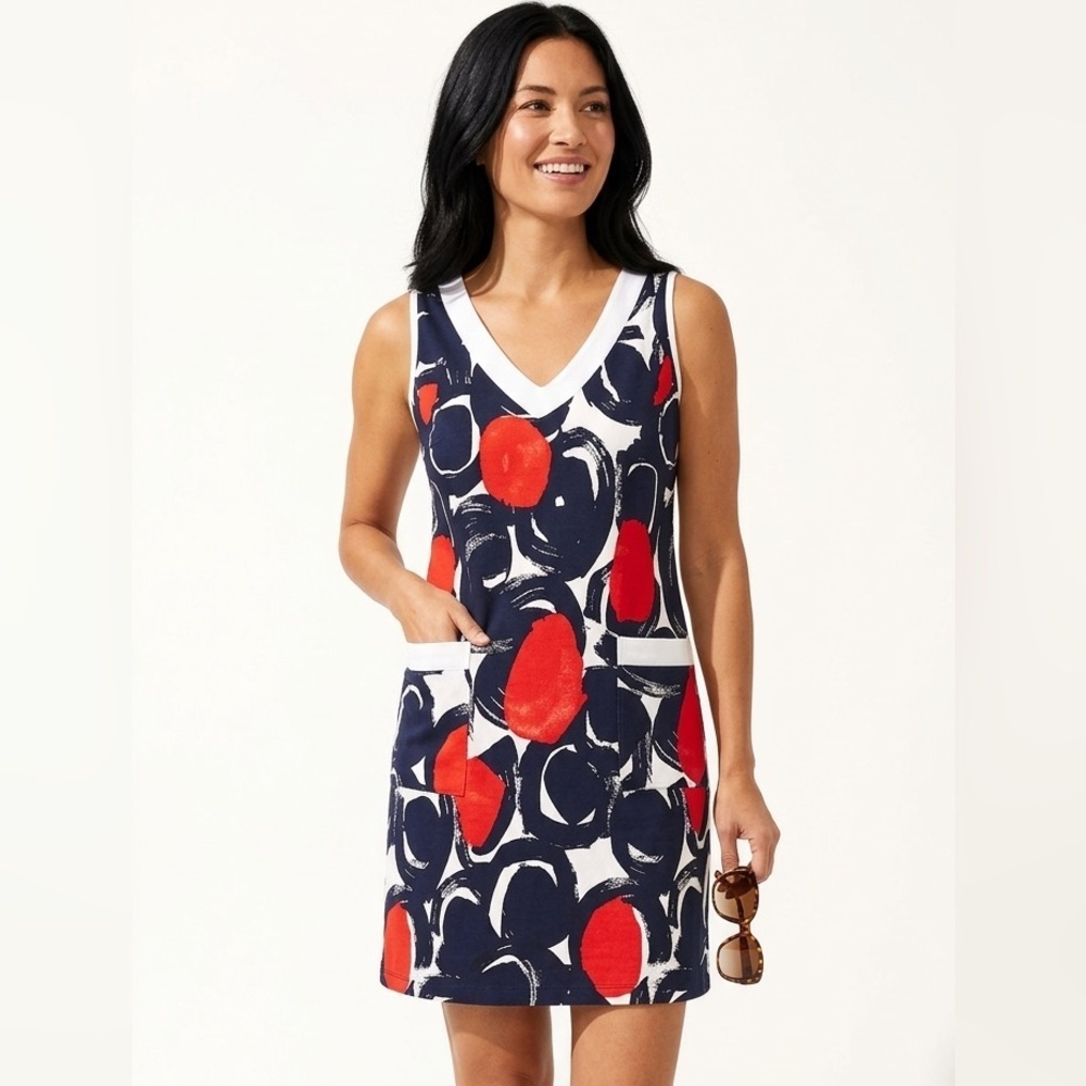 Cotton sleeveless Shift Dress w V-Neckline 2 pockets in front Size SMALL